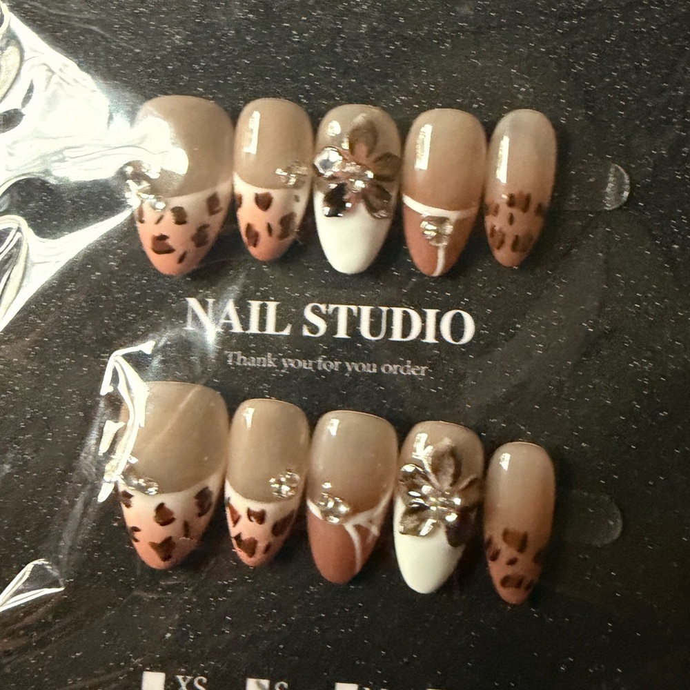 Neutral Leopard French Press-On Nails with 3D Floral Accent